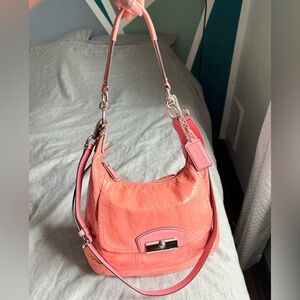 Coach Kristin Coral Pink Patent Leather Shoulder Hobo Bag with Adjustable Strap